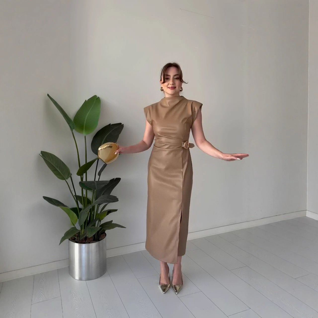 Waist-tight Round Neck Casual Dress - PU Leather