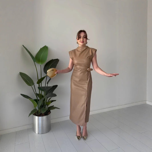 Waist-tight Round Neck Casual Dress - PU Leather