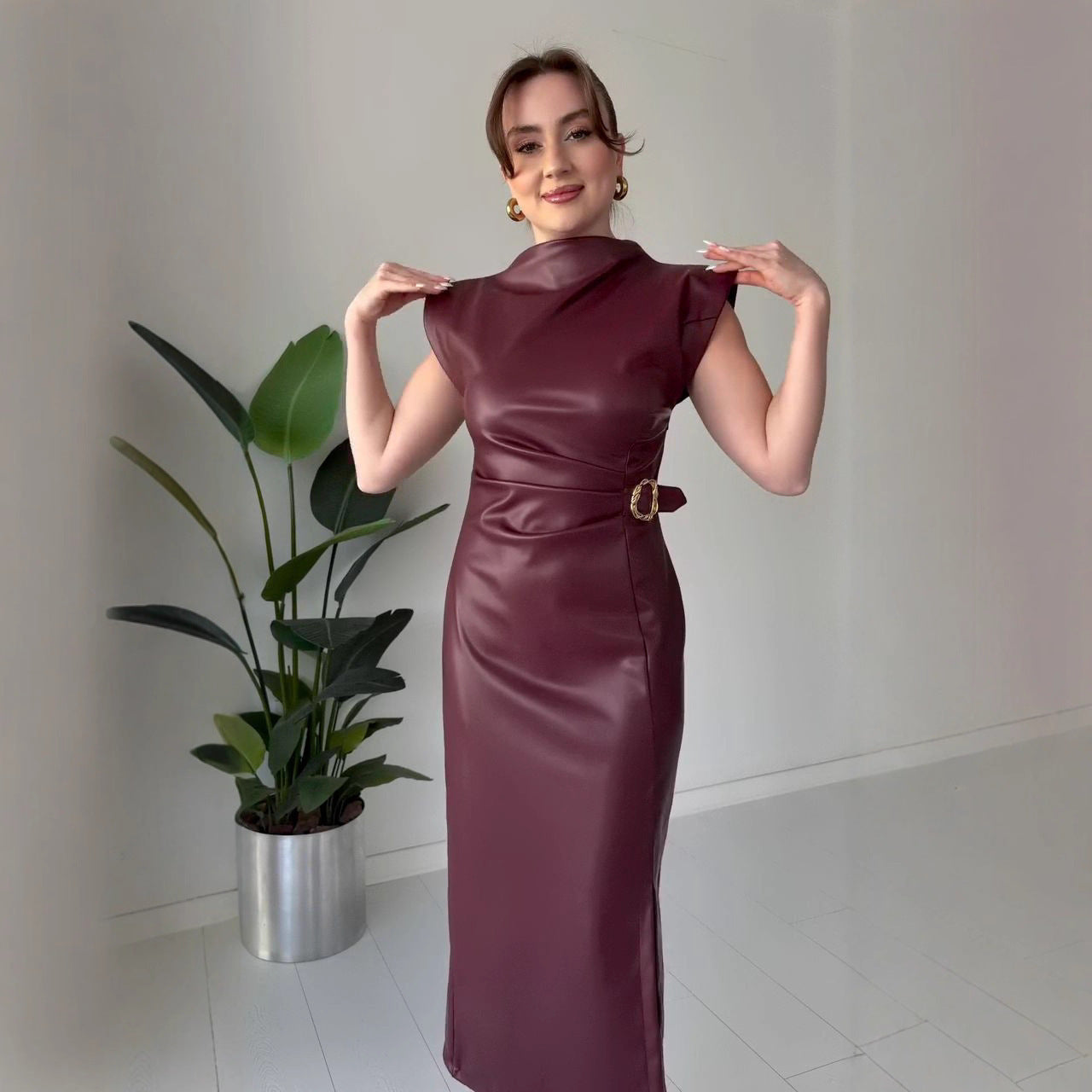 Waist-tight Round Neck Casual Dress - PU Leather