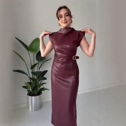 Waist-tight Round Neck Casual Dress - PU Leather
