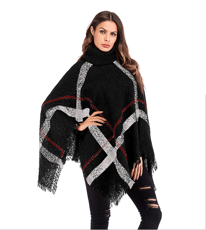 Plaid Fringe Cape Shawl and Knitted Sweater