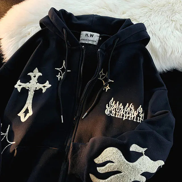 Retro Embroidered Zipper Hoodie Sweatshirt