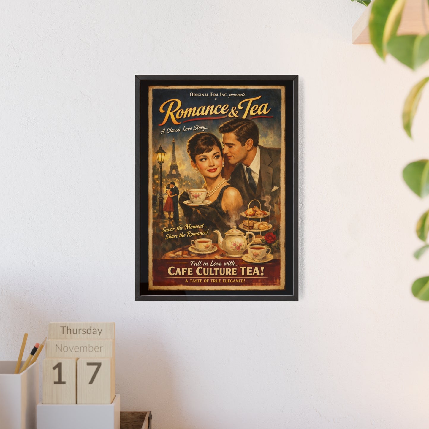 Romance & Tea Vintage Cafe Poster — Framed Wall Art