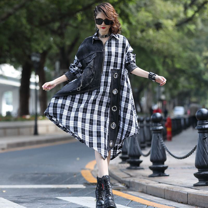 Loose Casual Denim Plaid Midi Dress