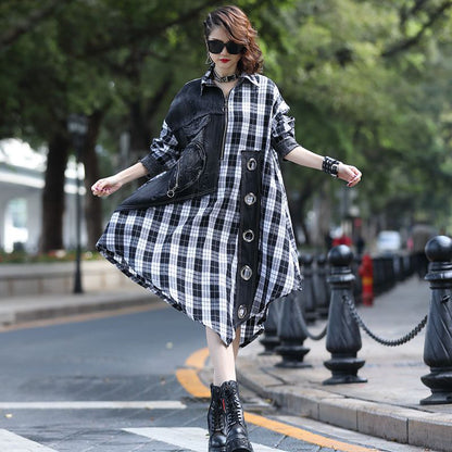 Loose Casual Denim Plaid Midi Dress