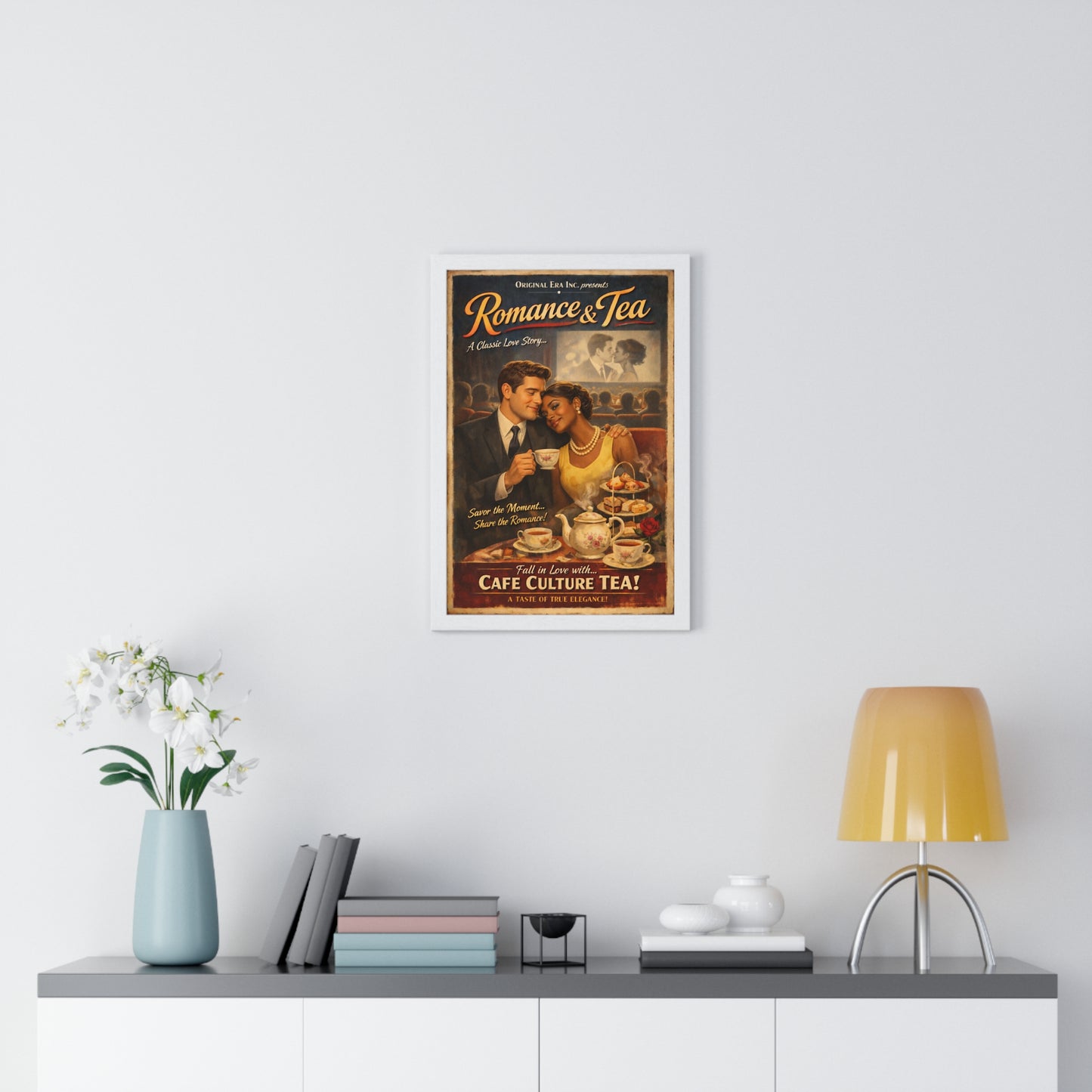 Romance & Tea Vintage Café Poster — Framed Wall Art