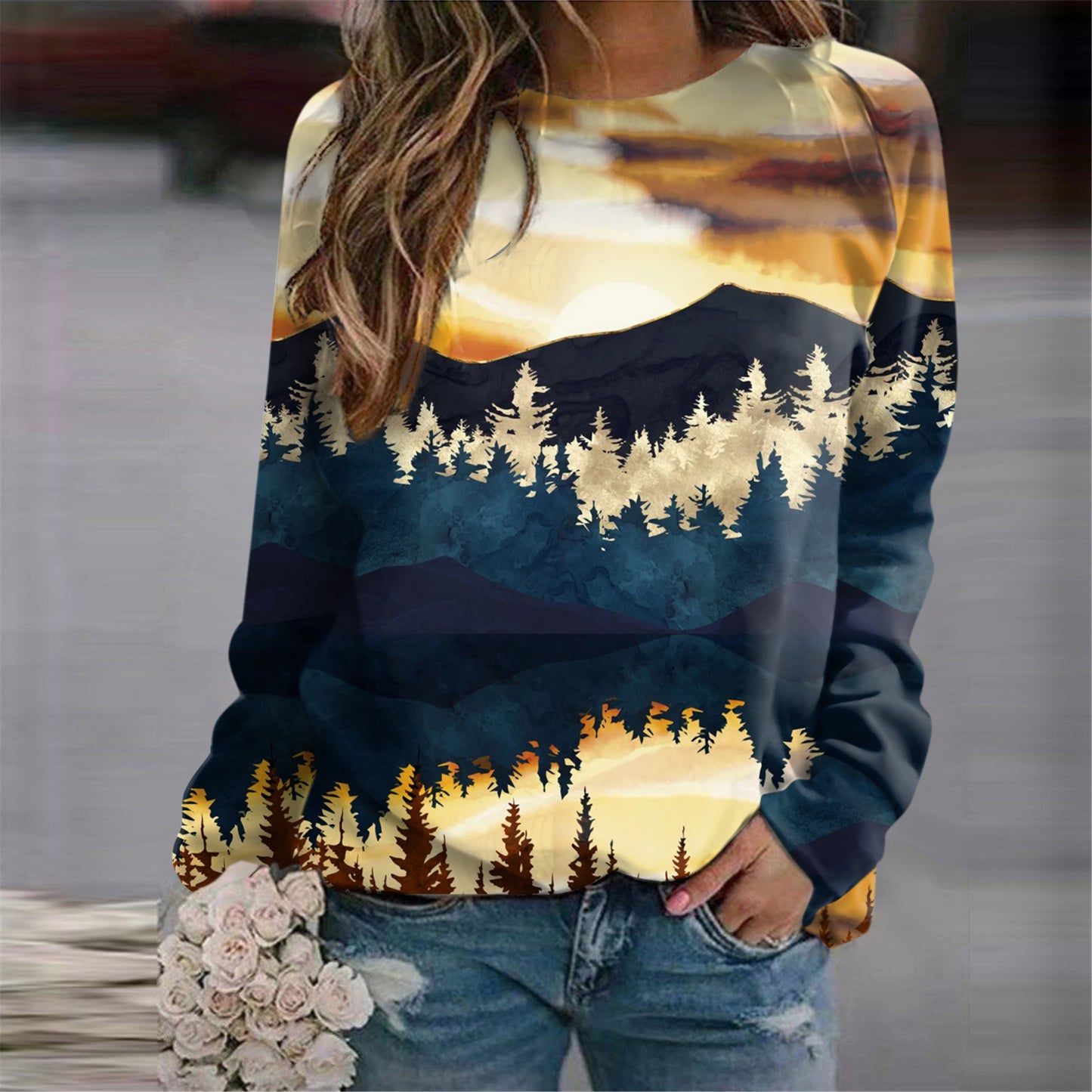 Women's Nordic Landscape Casual Round Neck Sweater