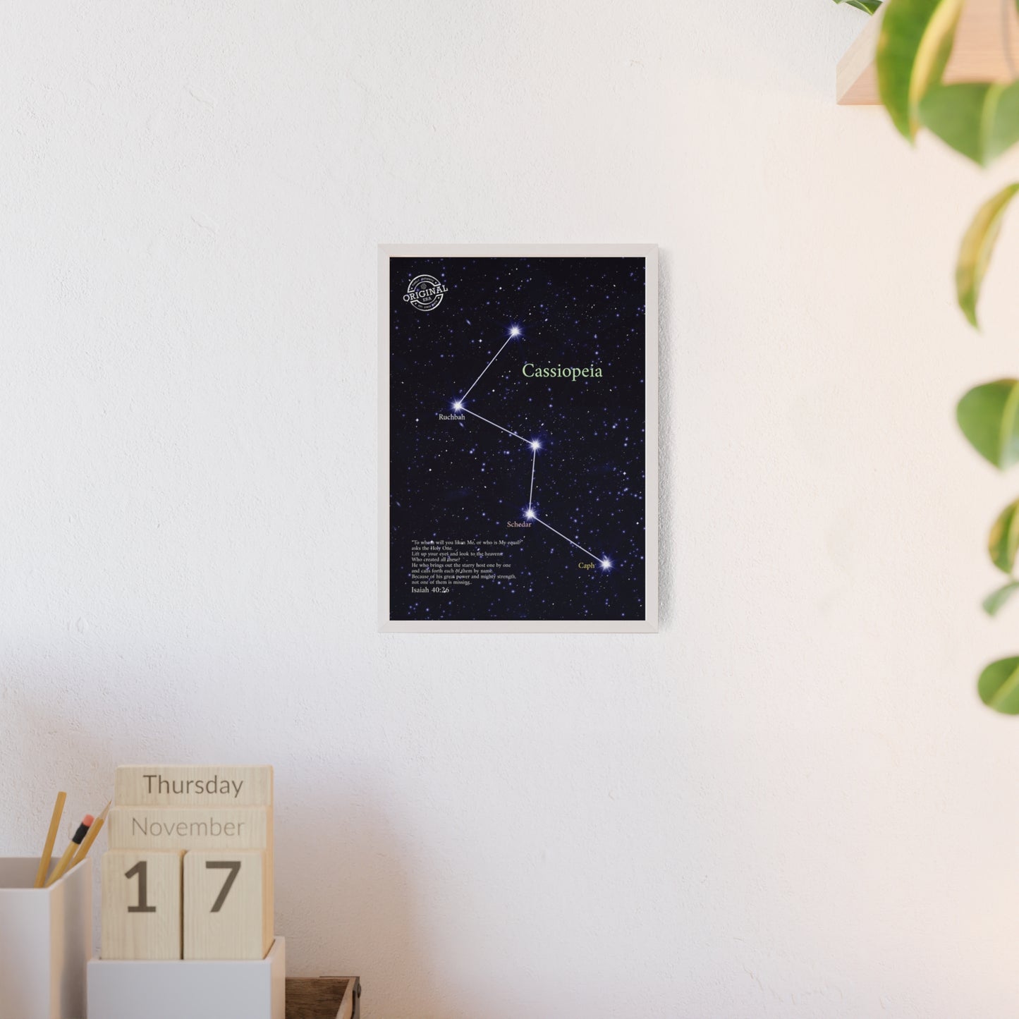 Cassiopeia Constellation Poster with Wooden Frame — Star Map Wall Art