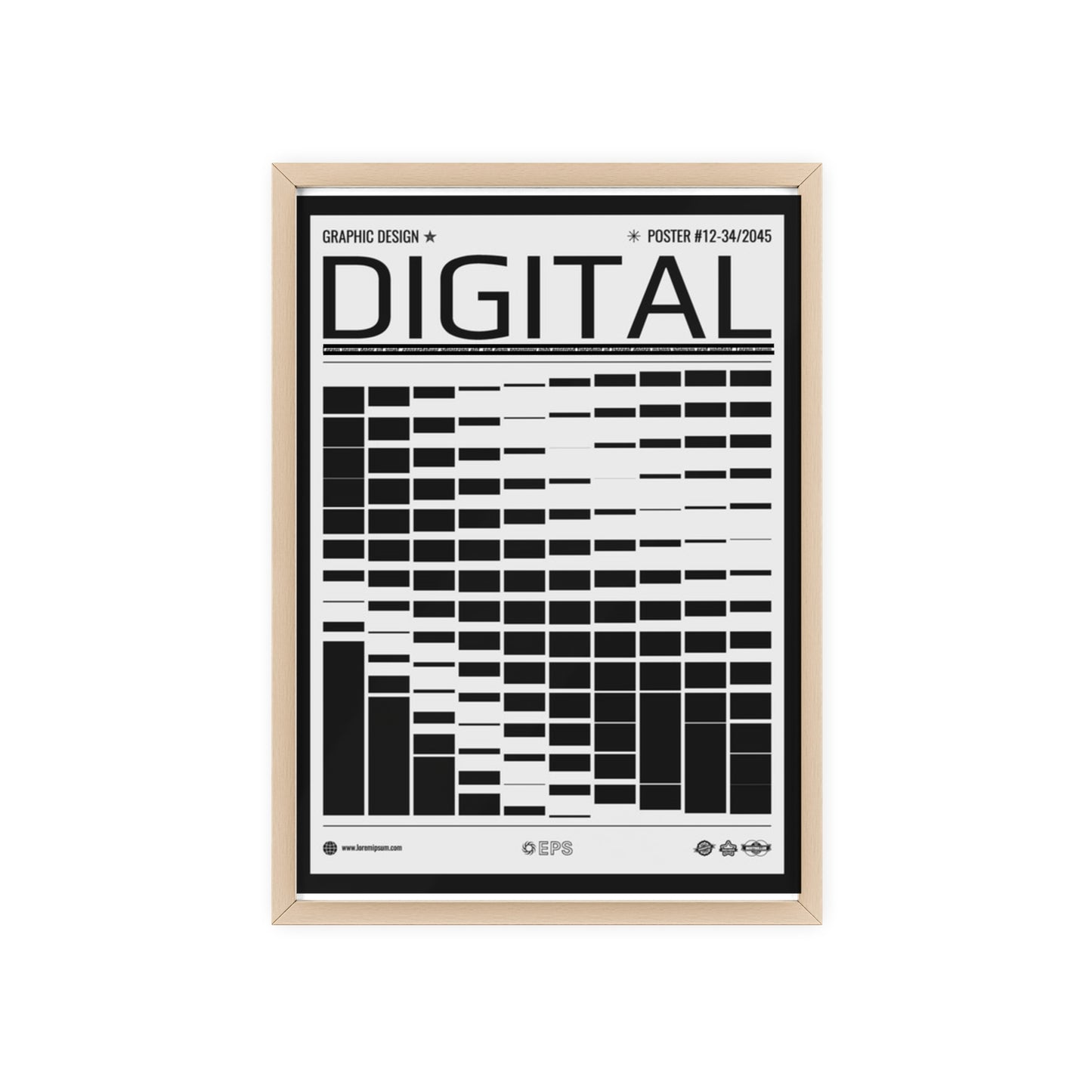 Digital Grid Poster with Wooden Frame — Modern Black & White Wall Art