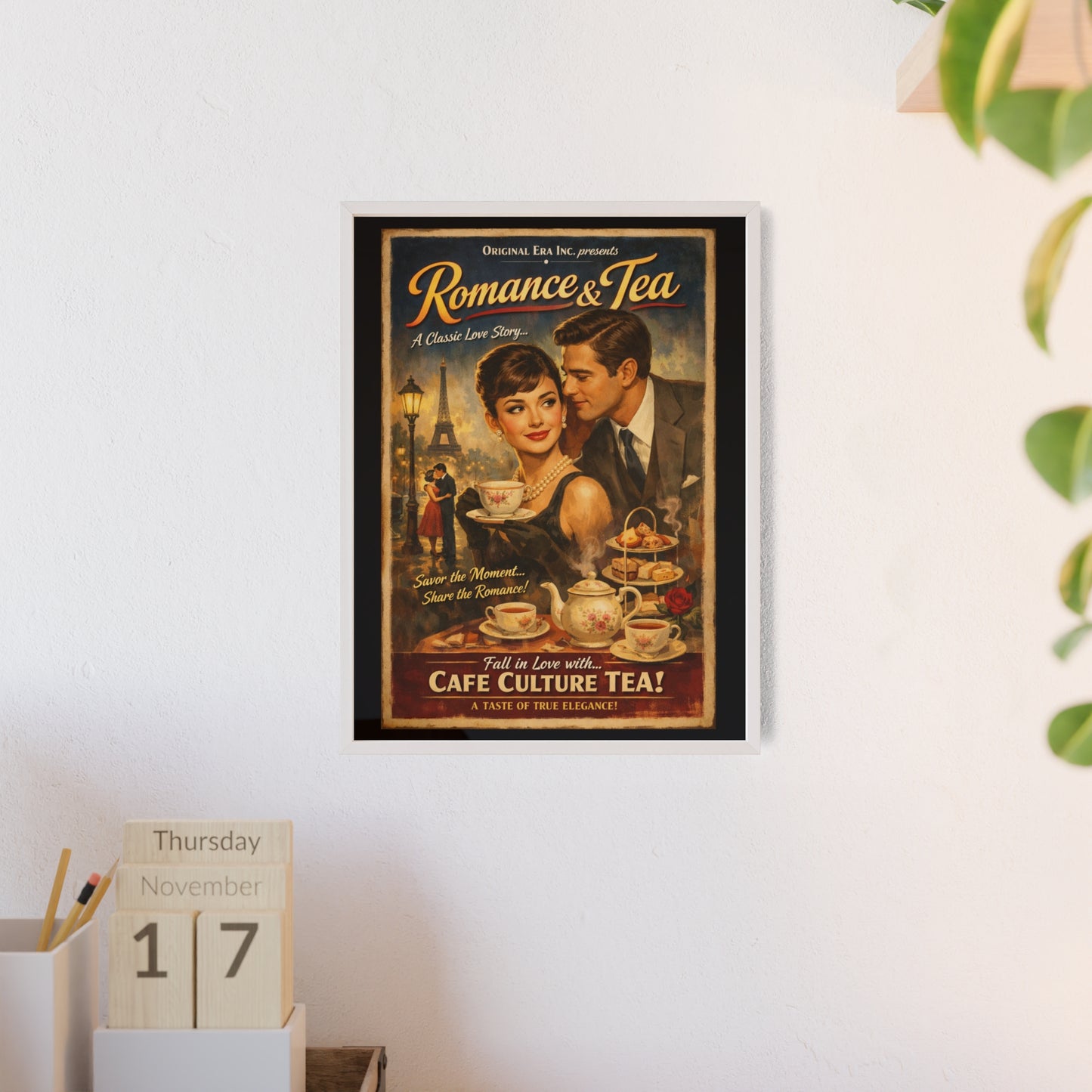 Romance & Tea Vintage Cafe Poster — Framed Wall Art