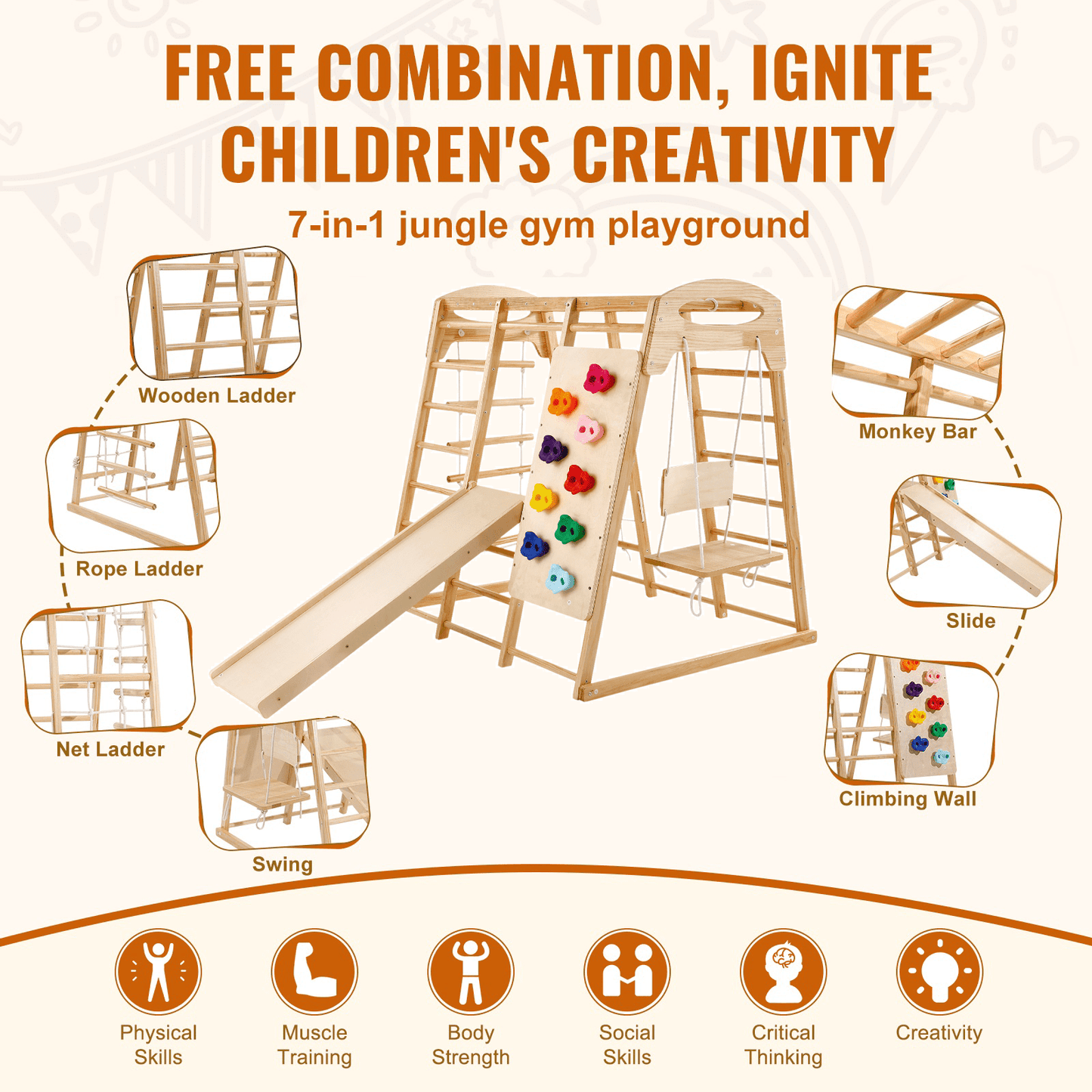 Indoor Jungle Gym, 7-in-1 Toddler Indoor Playground (47.2 X 58 X 56in)
