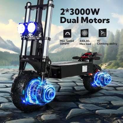6000W Power Dual Motor Top Speed 50MPH Electric Scooter With Seat - 60V 35Ah Battery 50 Miles Range (11" Off-Road Tires)