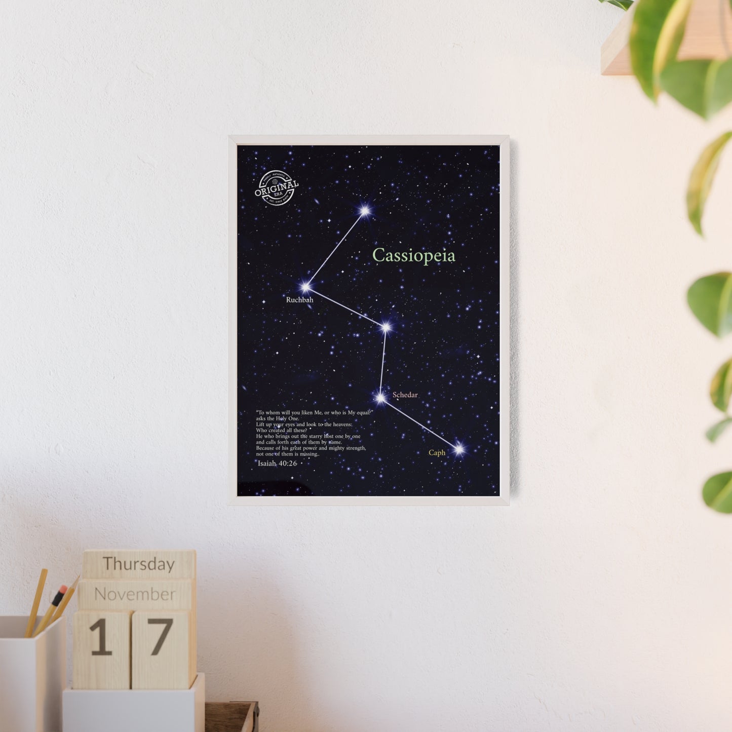 Cassiopeia Constellation Poster with Wooden Frame — Star Map Wall Art