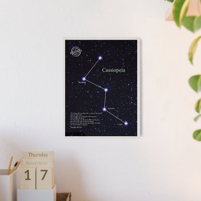 Cassiopeia Constellation Poster with Wooden Frame — Star Map Wall Art