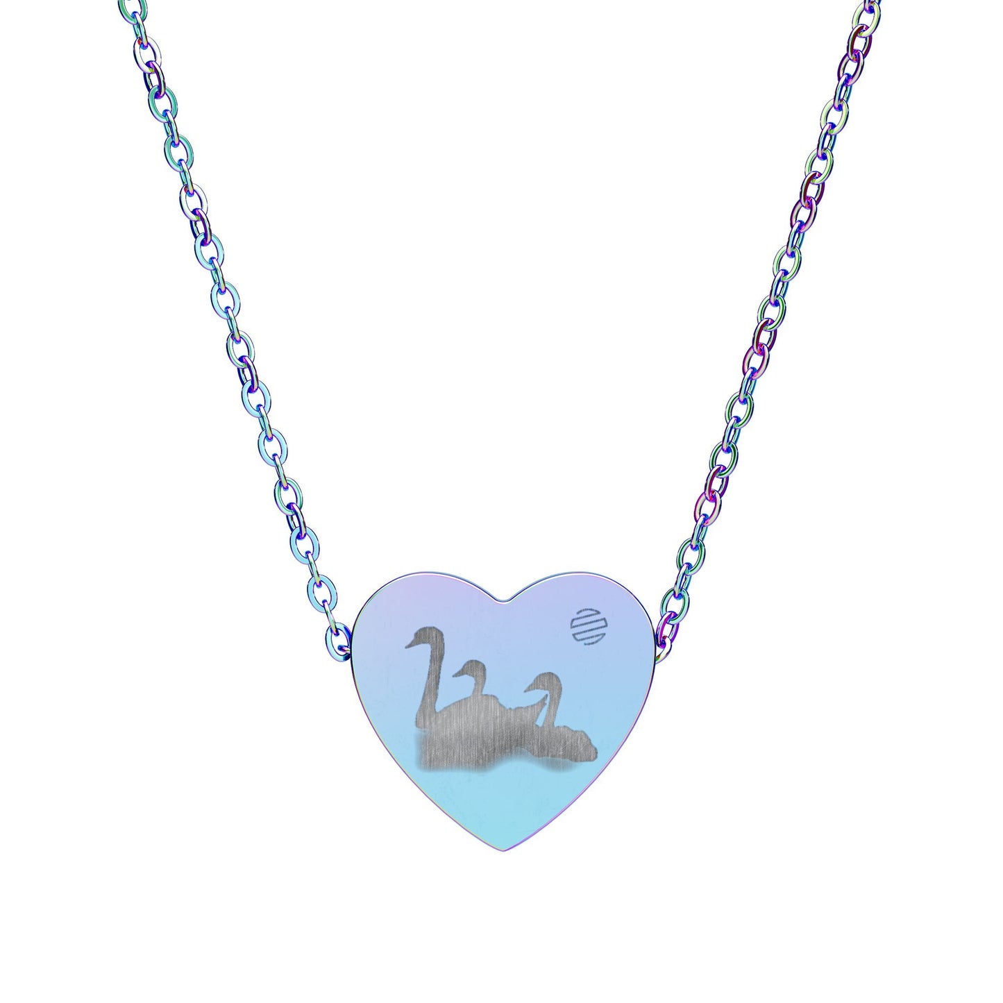 Engravable Heart Necklace with Swan Pair — Personalized Silver or Black Pendant