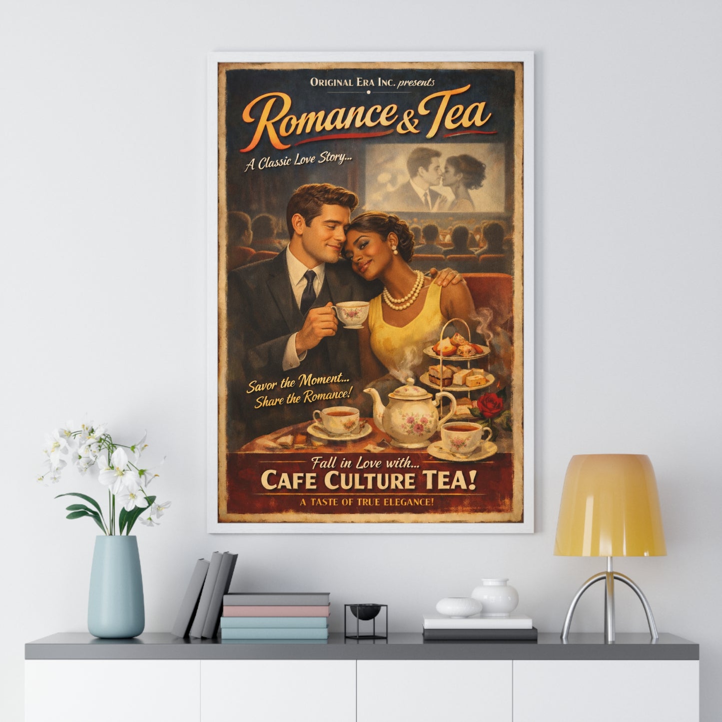 Romance & Tea Vintage Café Poster — Framed Wall Art