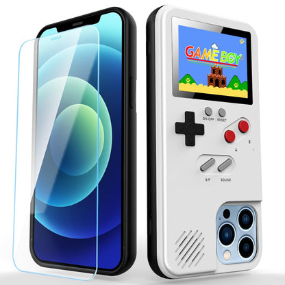 Gameboy Phone Case for iPhone 12 Pro Max with Tempered Glass Phone Screen ProtectorFull Color Display 36 Retro Classic Games Protective Cover Self-Powered (White)