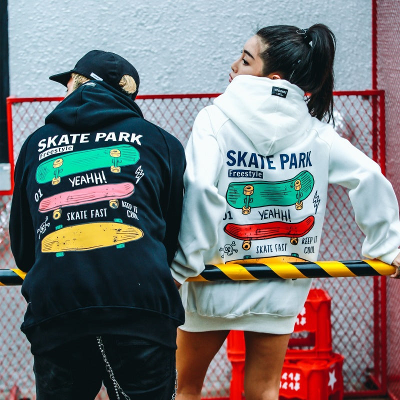 Skate Park Cartoon Print Oversized Hoodie for Couples