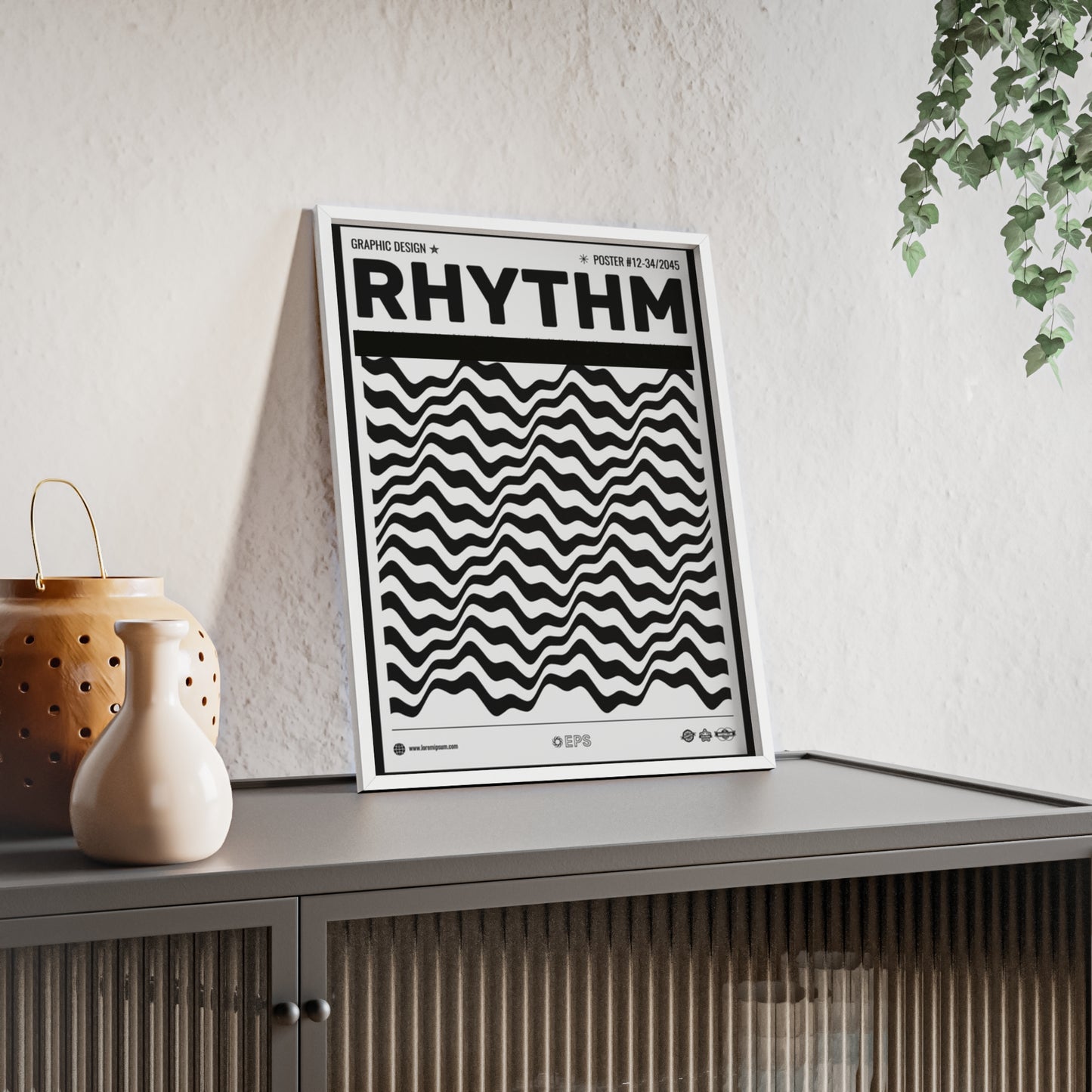 Rhythm Wave Art Poster with Wooden Frame — Black & White Modern Wall Print