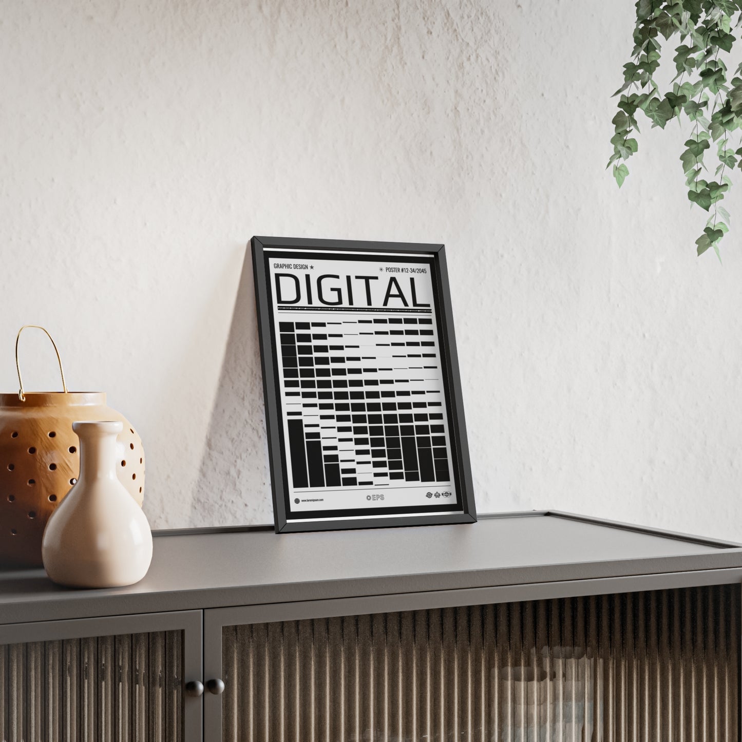 Digital Grid Poster with Wooden Frame — Modern Black & White Wall Art