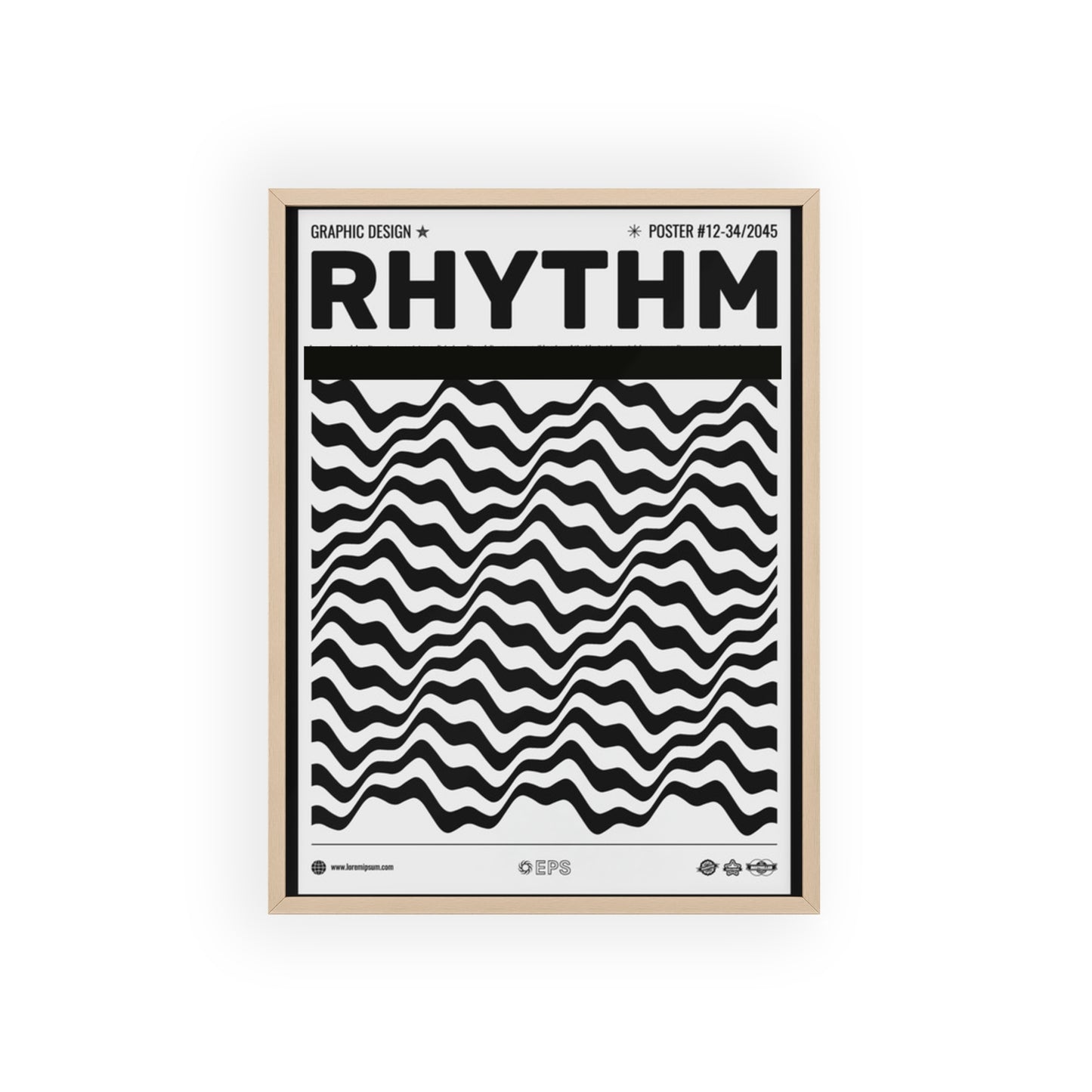 Rhythm Wave Art Poster with Wooden Frame — Black & White Modern Wall Print