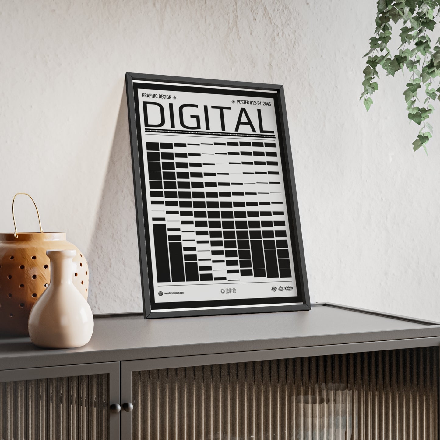 Digital Grid Poster with Wooden Frame — Modern Black & White Wall Art