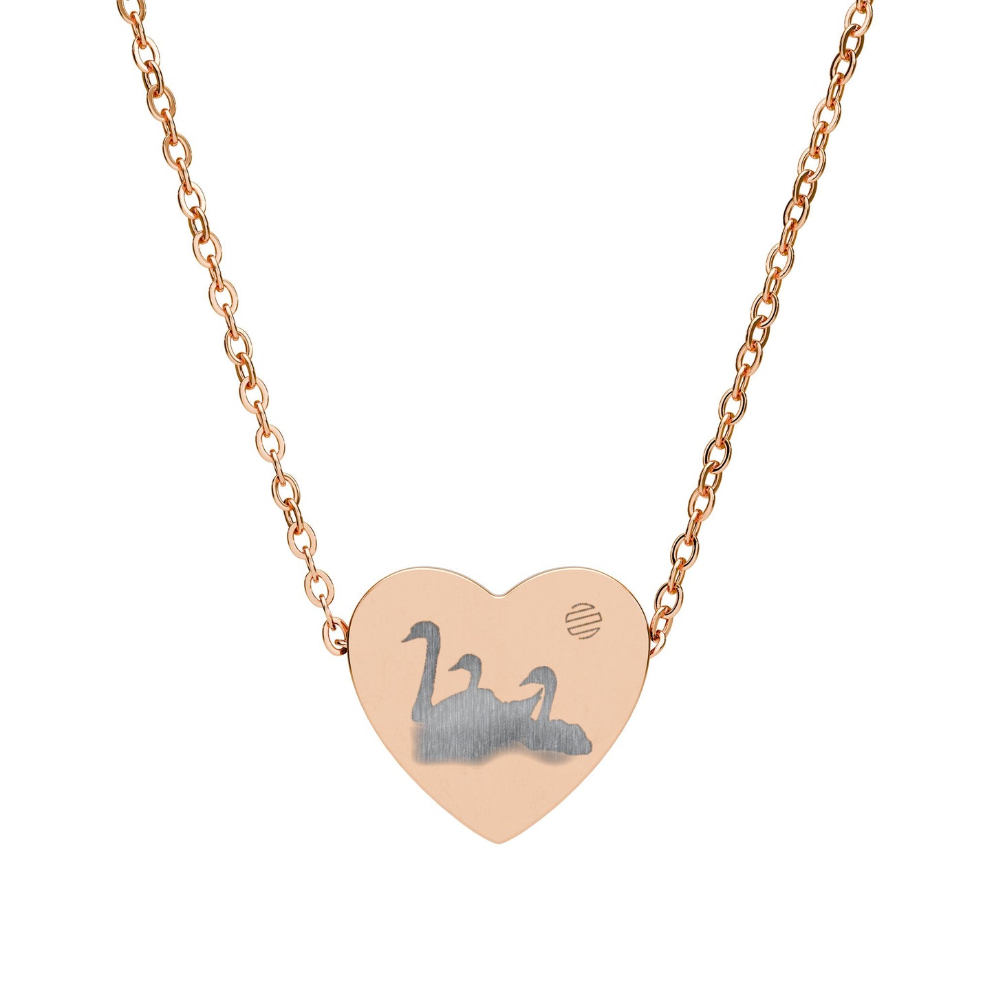 Engravable Heart Necklace with Swan Pair — Personalized Silver or Black Pendant