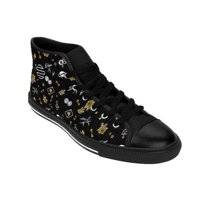 Women's Game Of Love Black Floral Pattern High-Top Sneakers — Gold & White