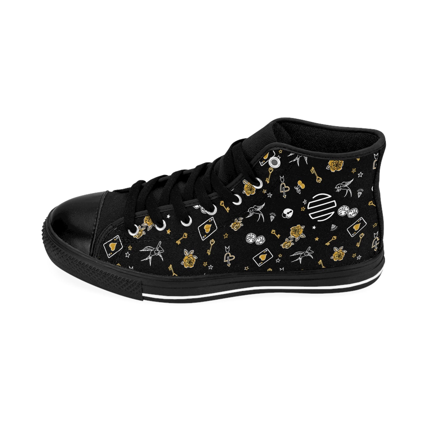 Game Of Love High-Top Sneakers — Black Floral Moon & Stars Pattern