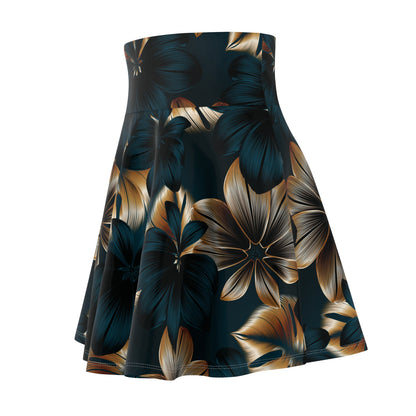 Floral Midnight Hawaiian Skater Skirt — Dark Teal & Gold