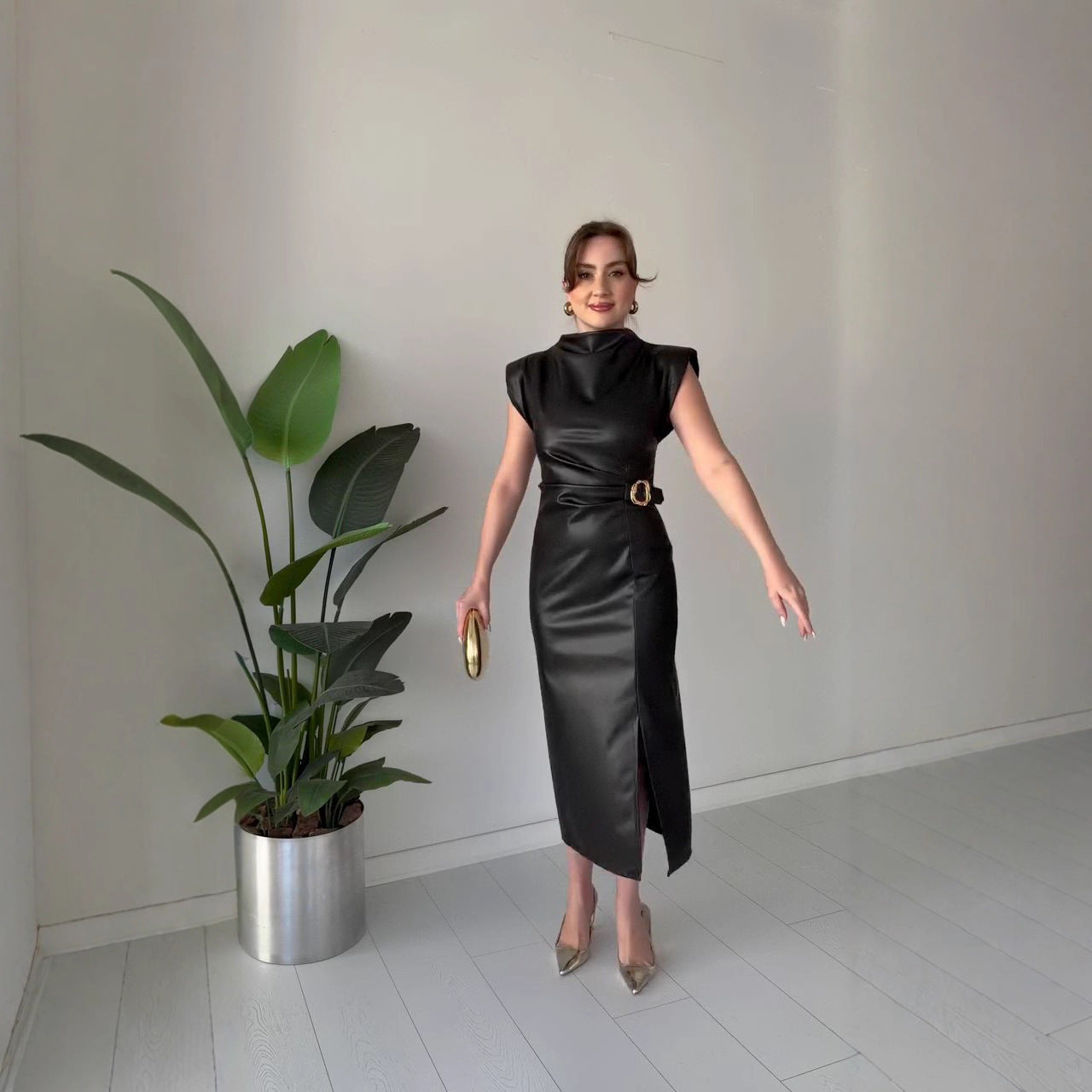 Waist-tight Round Neck Casual Dress - PU Leather