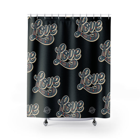 Love Pattern Shower Curtain — Retro Paisley Script Bathroom Decor
