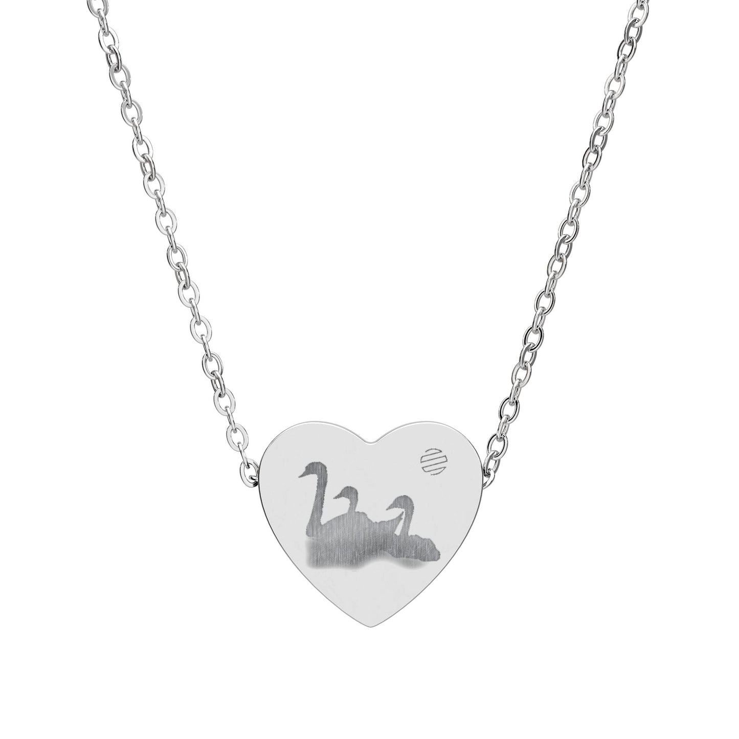Engravable Heart Necklace with Swan Pair — Personalized Silver or Black Pendant