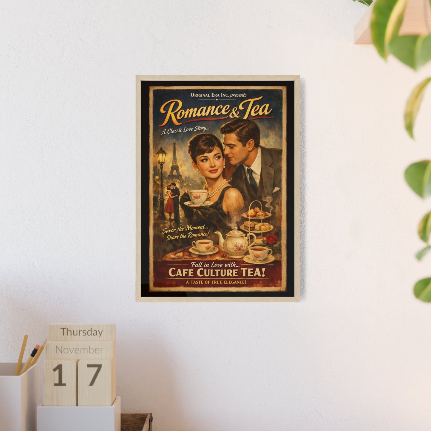 Romance & Tea Vintage Cafe Poster — Framed Wall Art