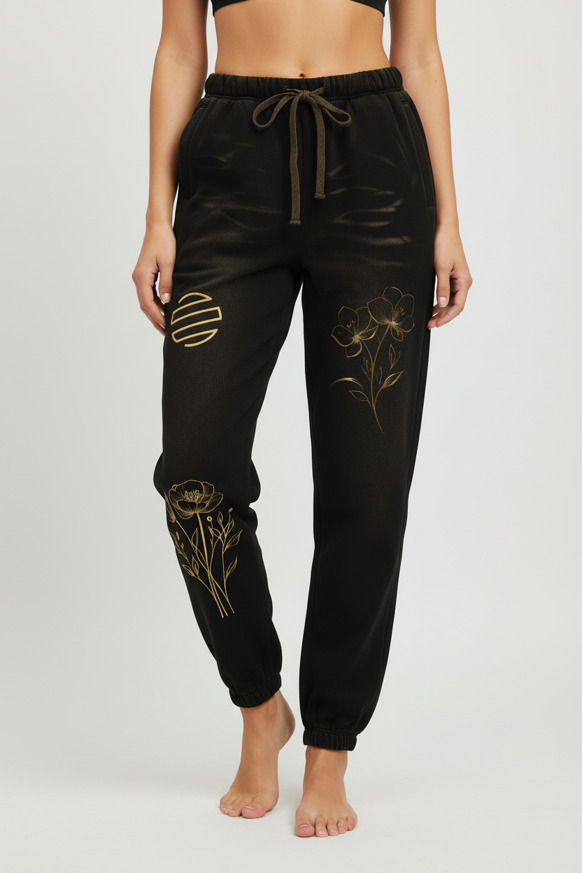 Gold Floral Sunfade Fleeced Sweatpants