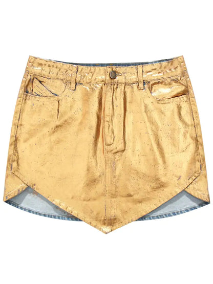 Gold Painted Low Waist Denim Skirt