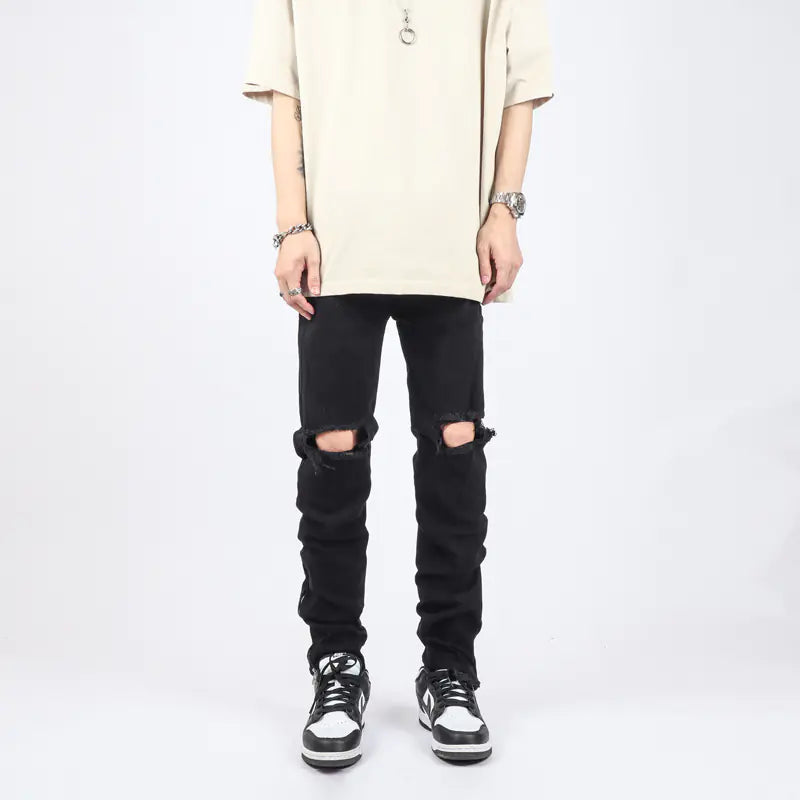 High Street Zipper Flared Ripped Black Jeans