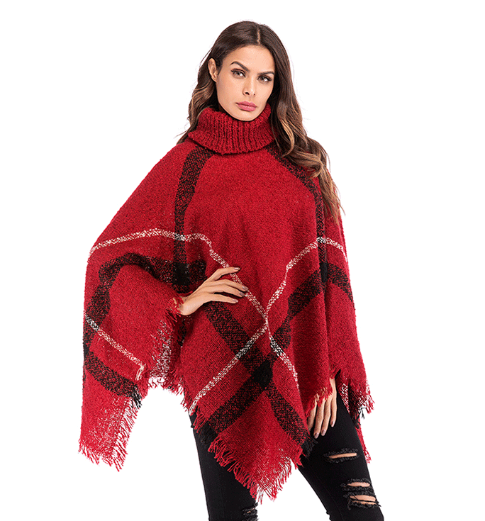 Plaid Fringe Cape Shawl and Knitted Sweater