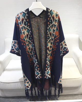 Mid-Length Shawl with Fringe Cape Coat