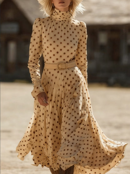 Polka Dot High-neck Long-sleeved Fitted Midi Dress