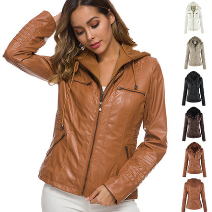 Women's Casual Leather Zipper Jacket With Detachable Hood