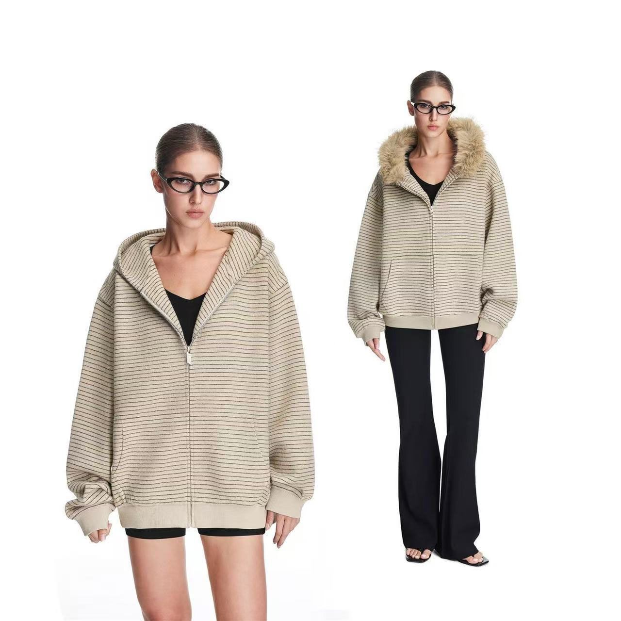 Women's Vintage Fur Collar Hooded Zipper Cardigan Sweater