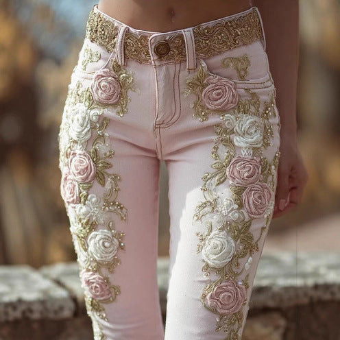 Women's Retro Pink Rose Embroidered Artistic Jeans