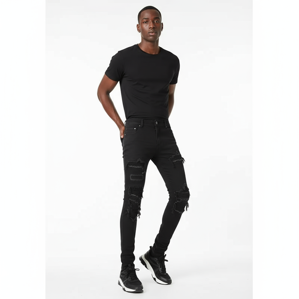 Men's Black Patch Pleated Jeans