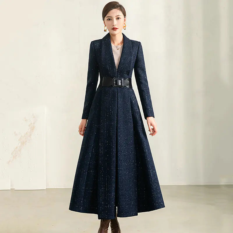 Women's Autumn Blue Plaid Wool Coat with Collar