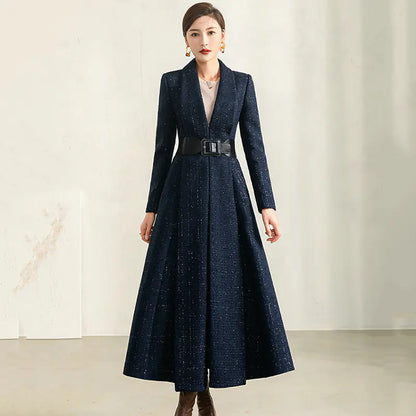 Women's Autumn Blue Plaid Wool Coat with Collar