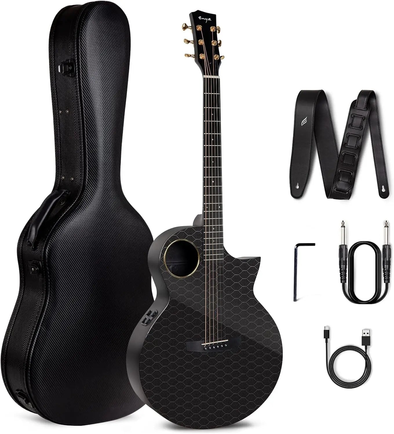 Enya X4 Pro Carbon Fiber Acoustic Electric Guitar with Hard Case, Leather Strap, USB Type-C Cable and Instrument