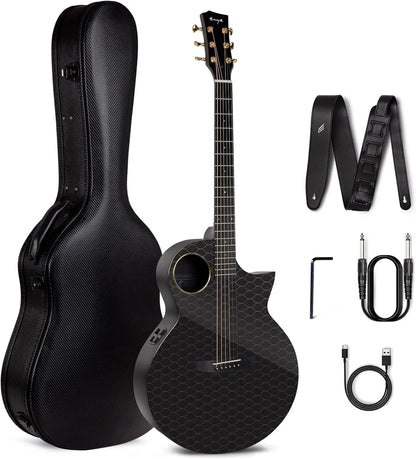 Enya X4 Pro Carbon Fiber Acoustic Electric Guitar with Hard Case, Leather Strap, USB Type-C Cable and Instrument