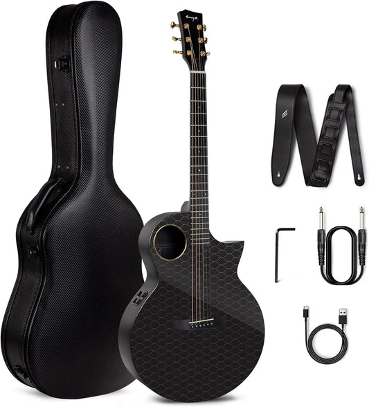 Enya X4 Pro Carbon Fiber Acoustic Electric Guitar with Hard Case, Leather Strap, USB Type-C Cable and Instrument