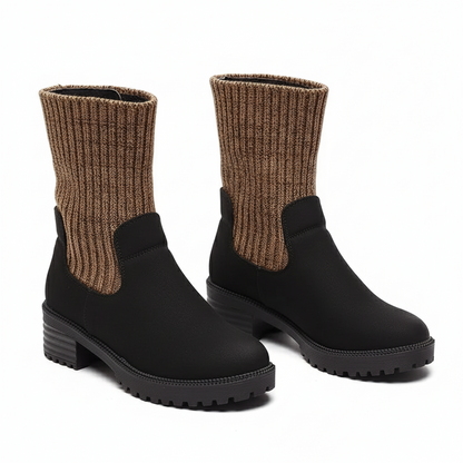 Wool Knit Short Boots with Chunky Heels and Thick Sole